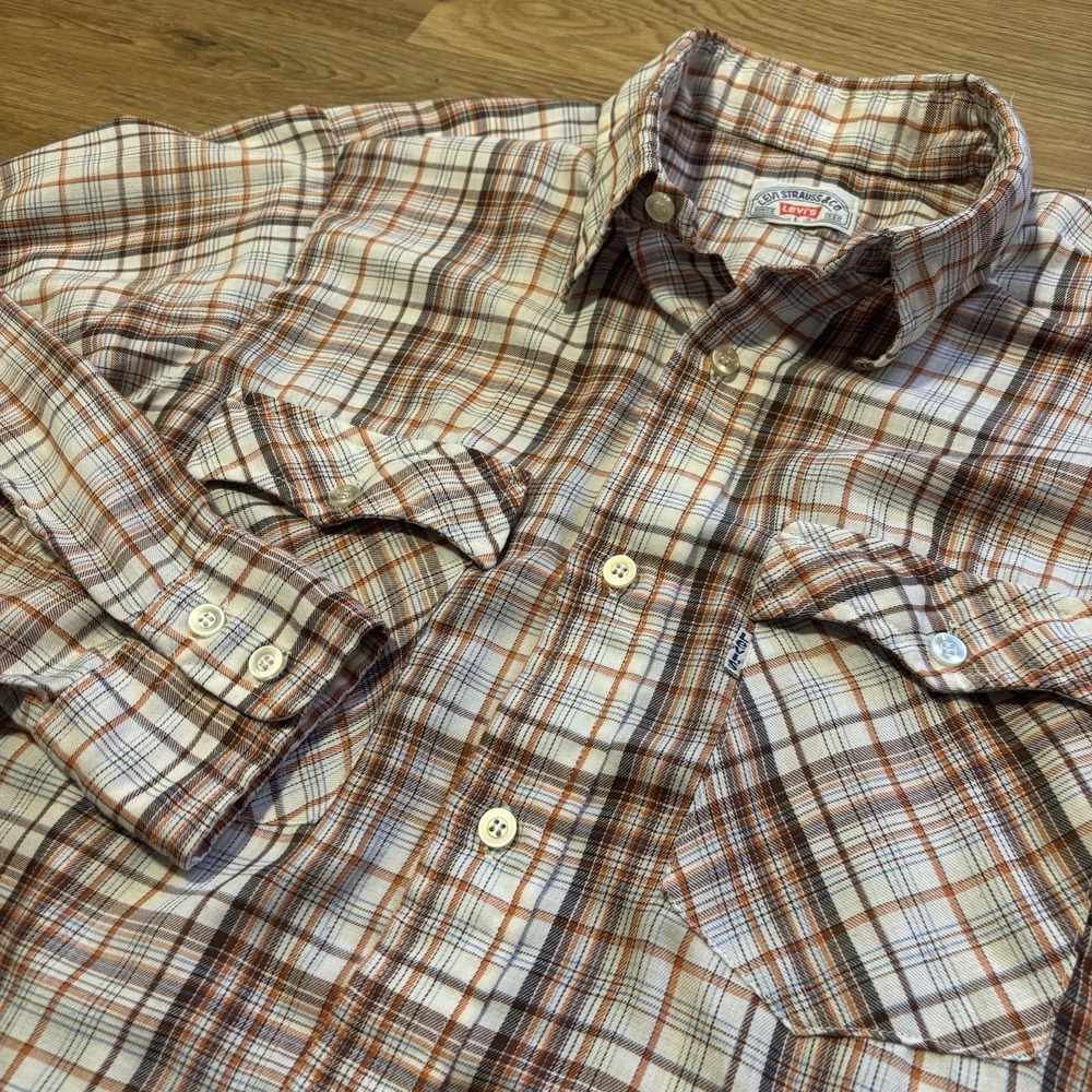 VTG 70s Levis Plaid Flannel Shirt Mens L Button Up White Tab Western Cowboy USA
